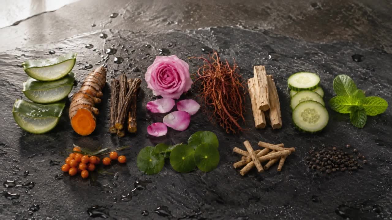 The botanicals of the range on wet slate