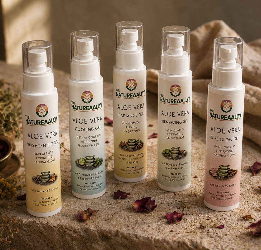 The five TheNatureaallyy aloe gels on stone